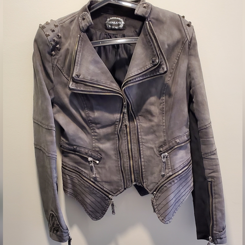 SHALANG | Studed Grey Denim Moto Jacket in Size Large